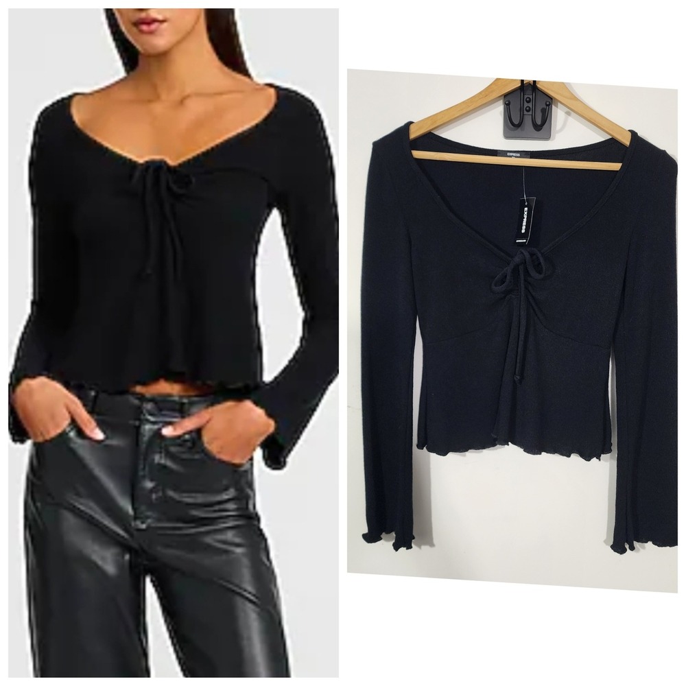 Express‎ Black Ribbed Tie Front Cropped Long bell Sleeve Top XS NWT Y2K witchy
